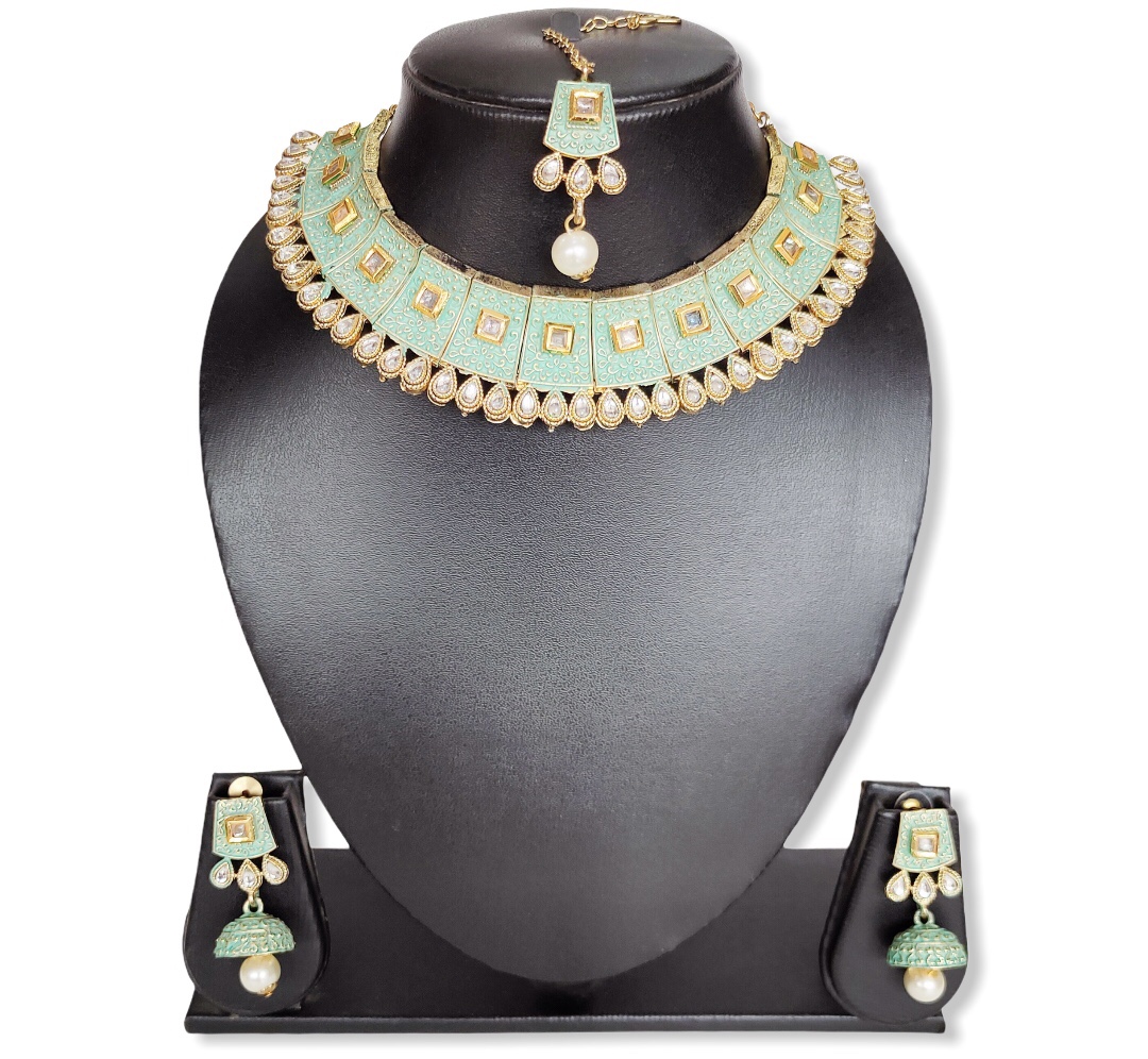 Are Global Crystal Chokers With Earrings & Maangtika-Sea Green Jewellery Set